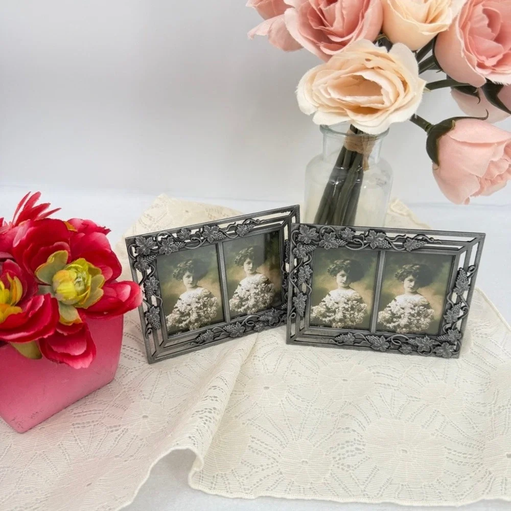 DS&A Inc Metal Dbl Photo Frame Grape Vine Pewter Finish Decor 1.5x2.5 Set of 2